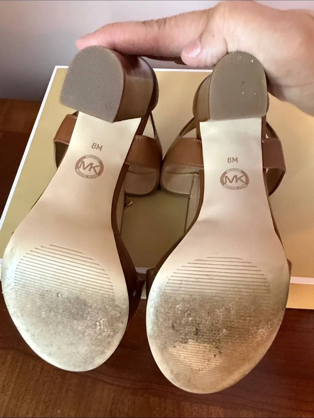 Michael Kors Brown Leather Zip-Front Block Heel Sandals